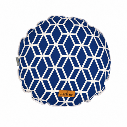 Designer Rundkissen Blau Weiß genäht in Deutschland aus italienischem Stoff. Durchmesser: 40 cm, 80 cm, 100 cm.