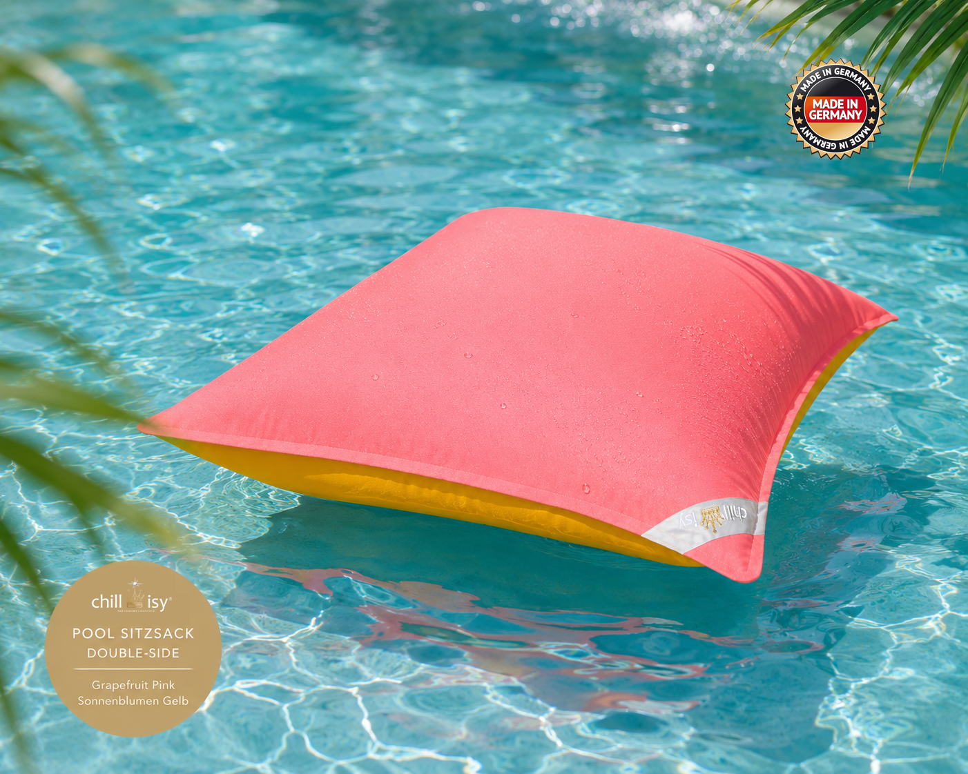 Pool Sitzsack Double Side in Pink Grapefruit und Gelb von chillisy in Deutschland hergestellt.