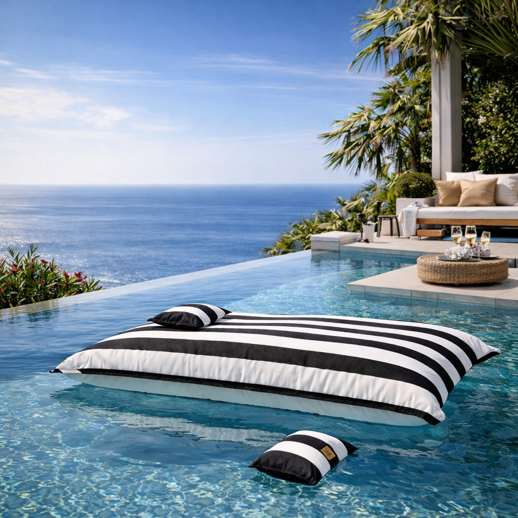 Pool Sitzsack Lungo 190/100 cm im Blockstreifen Design schwarz/weiß von chillisy auf dem Wasser im Pool schwebend mit zwei Swimmkissen.