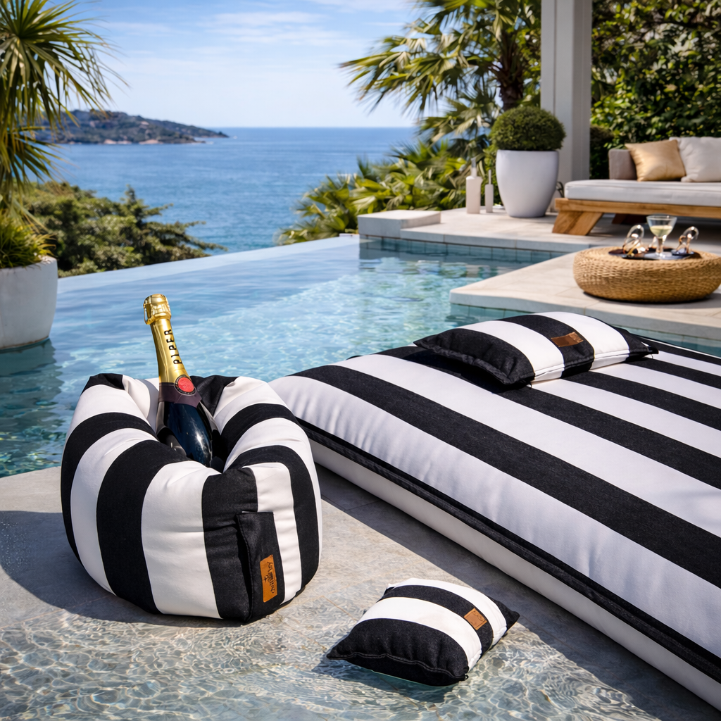Pool Sitzsack Lungo mit Piccolino Schwimmkissen und dem schwimmenden Flaschenkühler Champagne Belt - alles in schwarz /weiß gestreift von chillisy