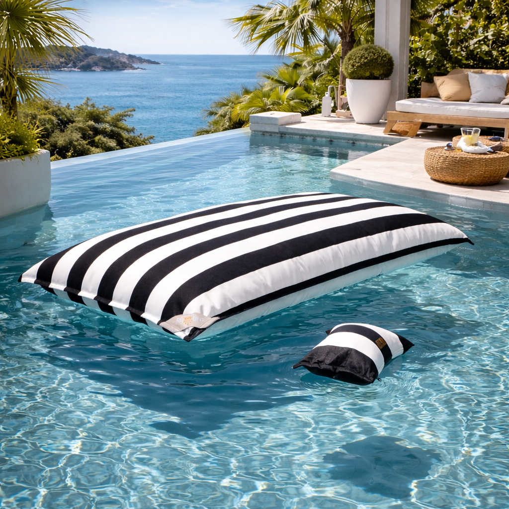 Pool Sitzsack Lungo 190x100 cm in schwarz weiß gestreift von chillisy auf dem Wasser schwebend mit Piccolino Swimmkissen.