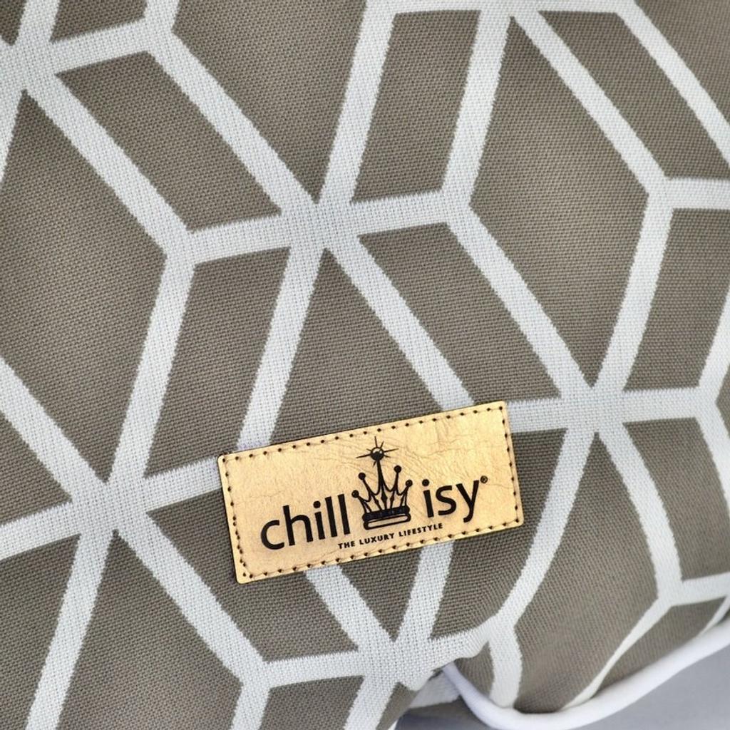 chillisy® Premium Poolkissen MAXI in Taupe mit geometrischem Muster schwimmend im Pool – wasserdichter Pool Sitzsack Made in Germany