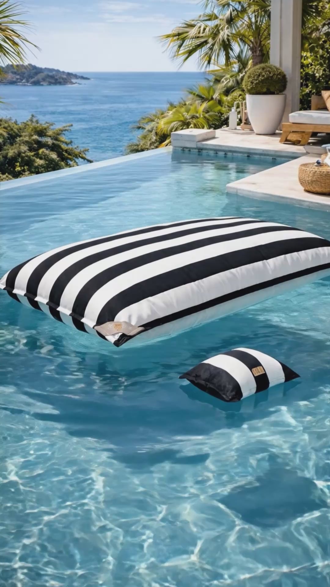 Pool Sitzsack von chillisy in schwarz weiß gestreift im Pool treibend mit Blick auf das Meer