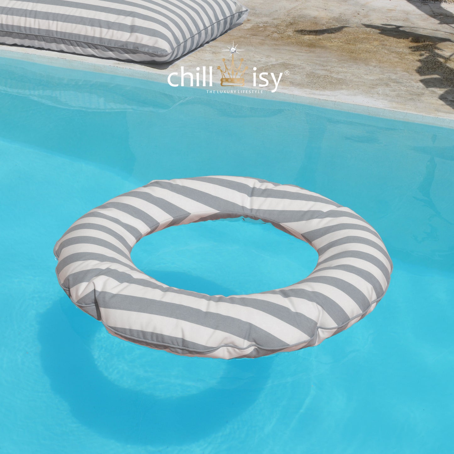 Schiwmmring Swimmy in Grau Weiß gestreift für Chlor- und Salzwasser geeignet. Hergestellt von chillisy in Deutschland.