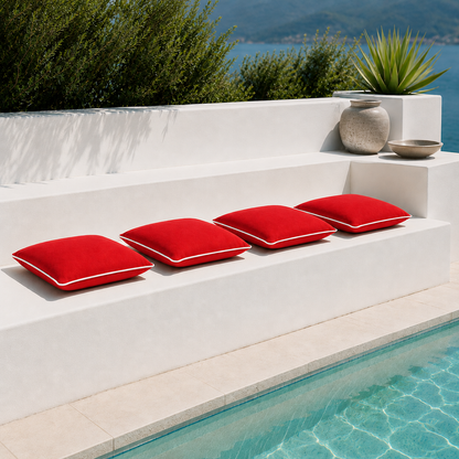 Vier Sitzkissen Summertime in Rot auf modernem weißen Gartenstuhl am Pool – hochwertiges Outdoor Sitzkissen von chillisy® Made in Germany für Terrasse, Balkon & Garten