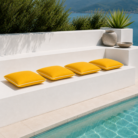 Vier gelbe chillisy® Outdoor Sitzkissen Summertime mit weißem Keder auf moderner Terrassenbank am Pool – hochwertige Gartenkissen Made in Germany