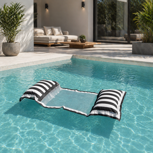 Wasserhängematte mit Netz in Schwarz/Weiß gestreift von chillisy in 170 cm und 200 cm Länge erhätlich, hergestellt in Deutschland. Dargestellt am Pool in modernem Ambiente.