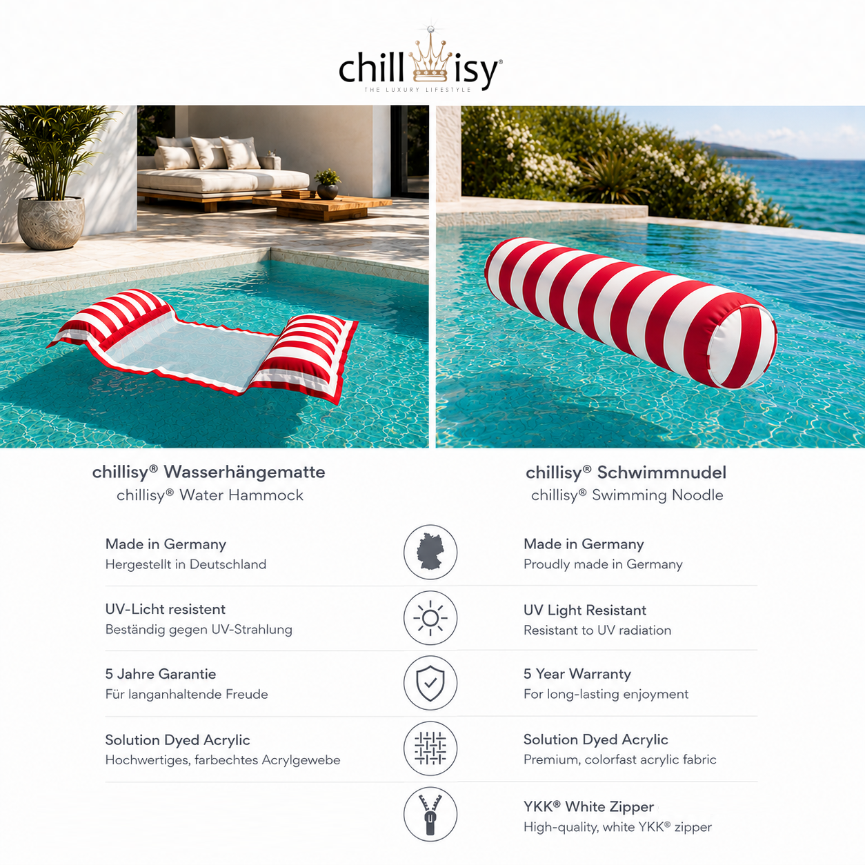 Schwimmnudel und Poolnudel im XXL Format mit 20 cm Durchmesser und 120 cm Länge aus Textil in Deutschland von chillisy hergestellt. Chlor- und Salzwasser beständig. Wasserhängematte im Luxus Stil