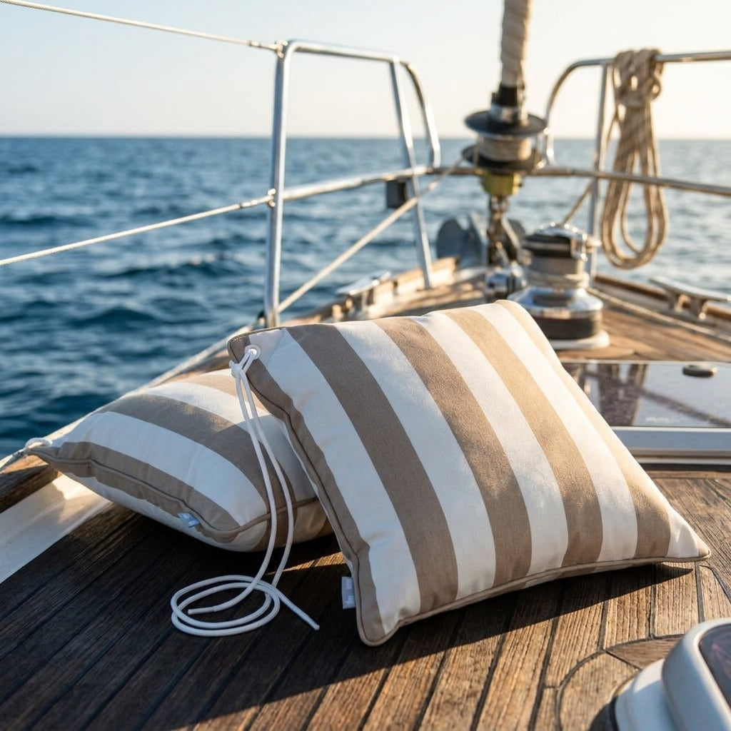 Yachtkissen Beige Weiß gestreift von chillisy hergestellt in Deutschland. it rostfreier EdelstahlÖse und Segeltau.