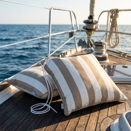 Yachtkissen Beige Weiß gestreift von chillisy hergestellt in Deutschland. it rostfreier EdelstahlÖse und Segeltau.